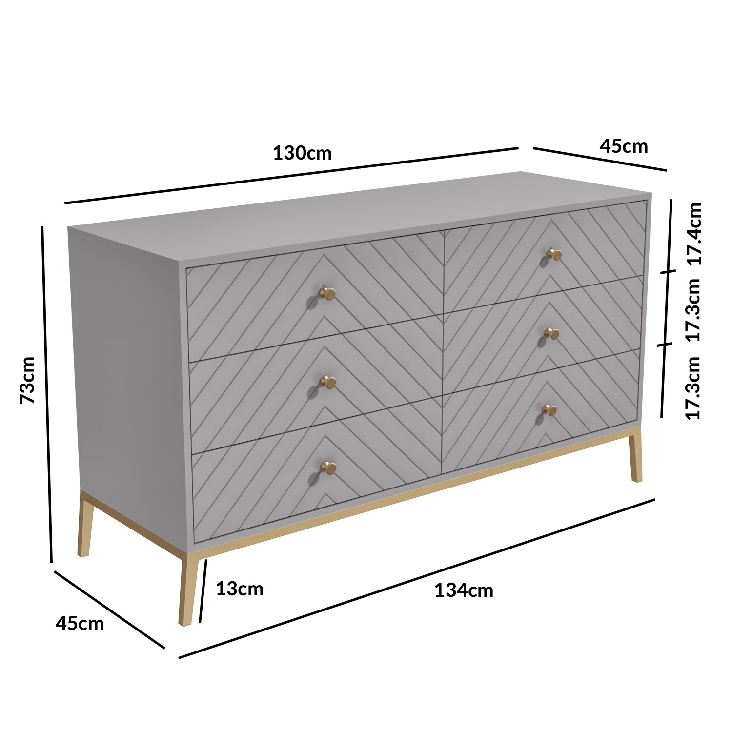Read more about Wide grey chevron chest of 6 drawers with legs ezra